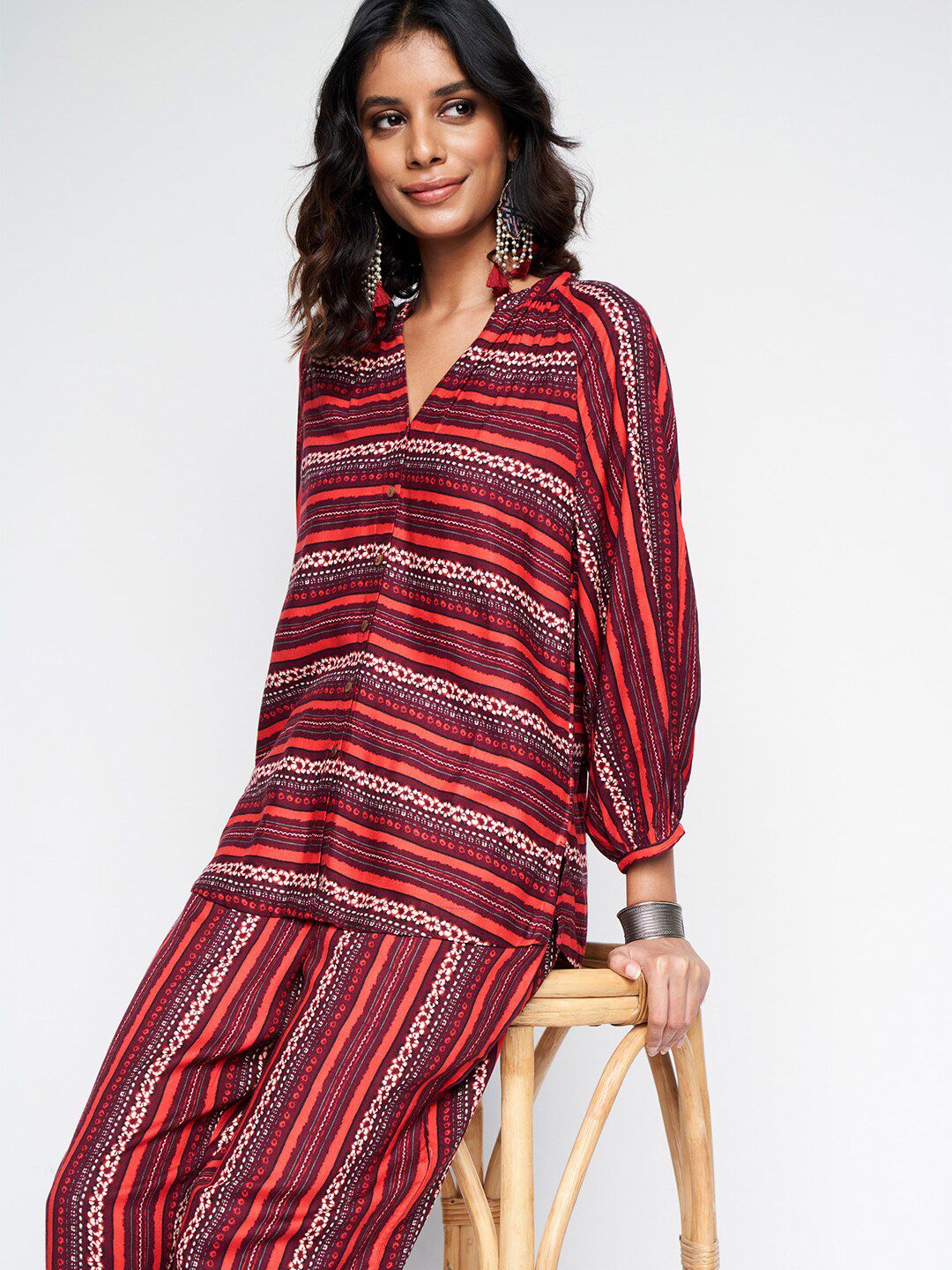 Global Desi Striped Mandarin Collar Tunic With Trouser