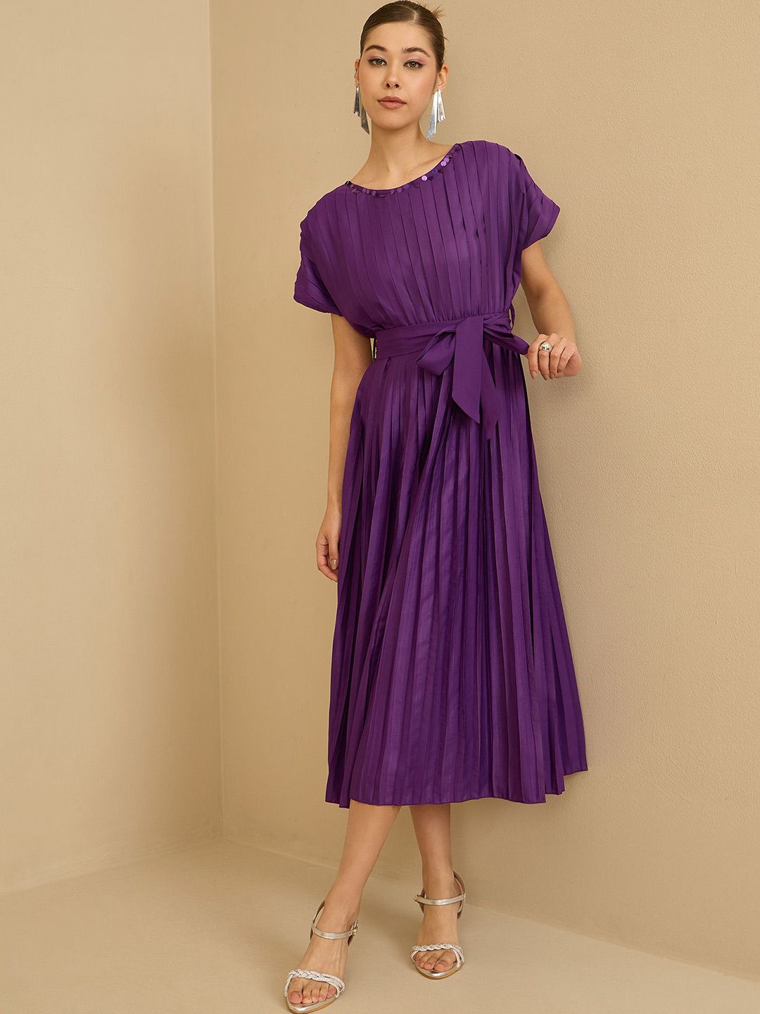 Antheaa Women Pleated Fit & Flare Midi Dress With Belt