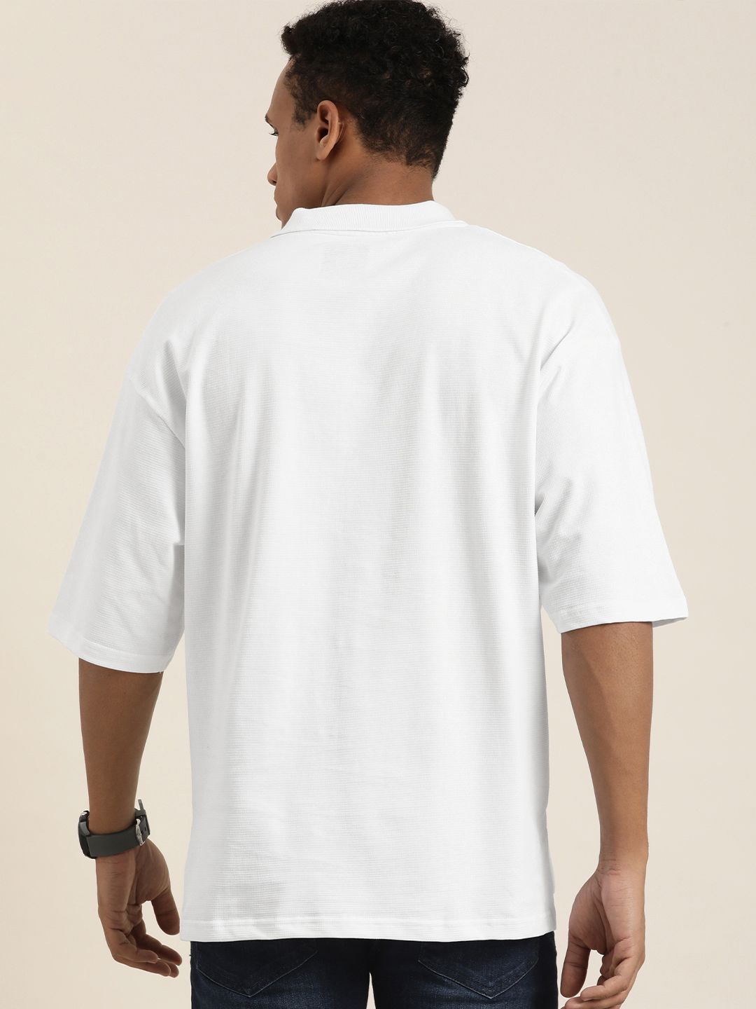 DILLINGER Men Solid Honeycomb Structure Oversized Cotton Polo T-Shirt