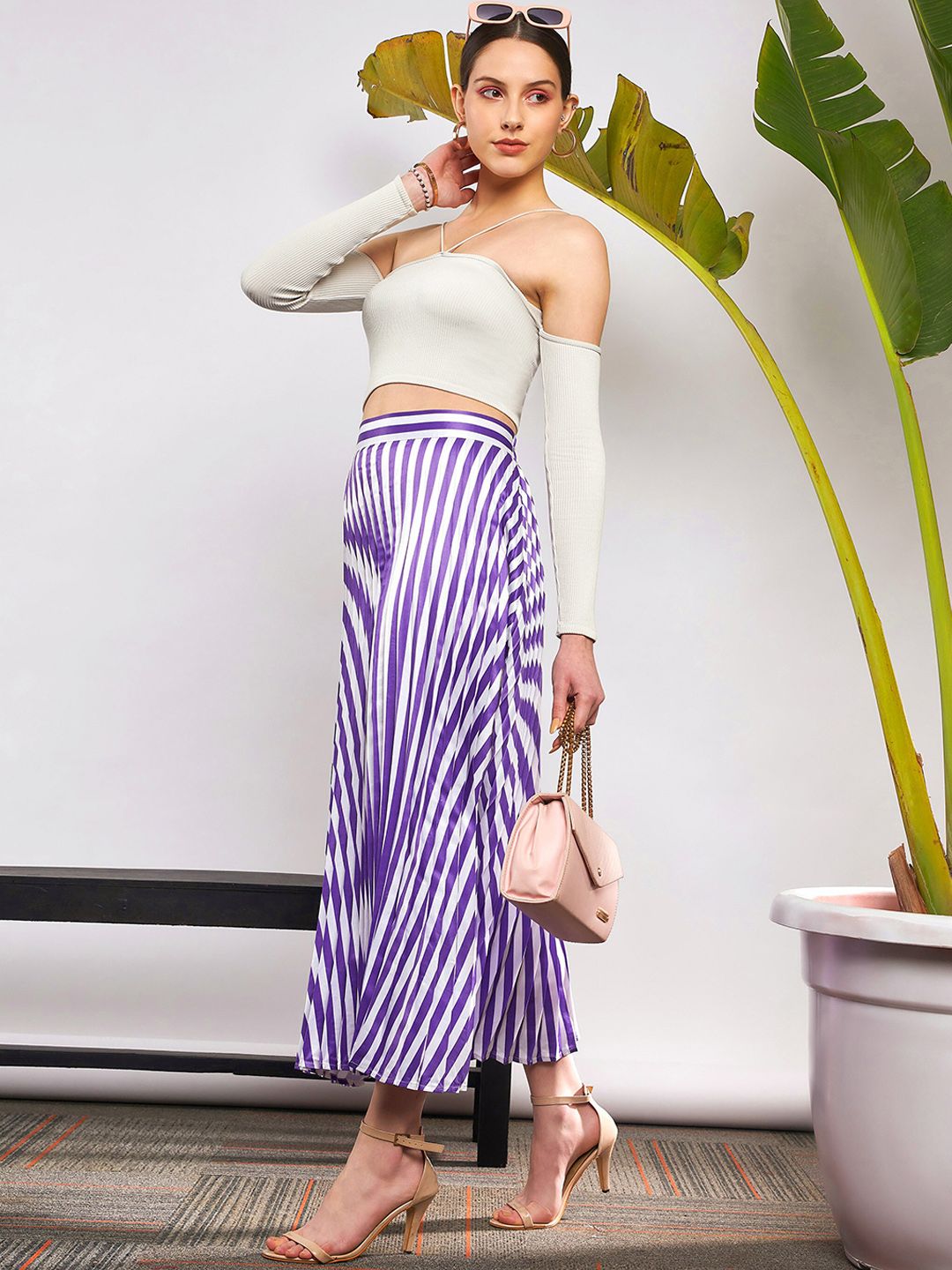 SASSAFRAS Striped Satin Accordion Pleated Maxi Flared Skirt