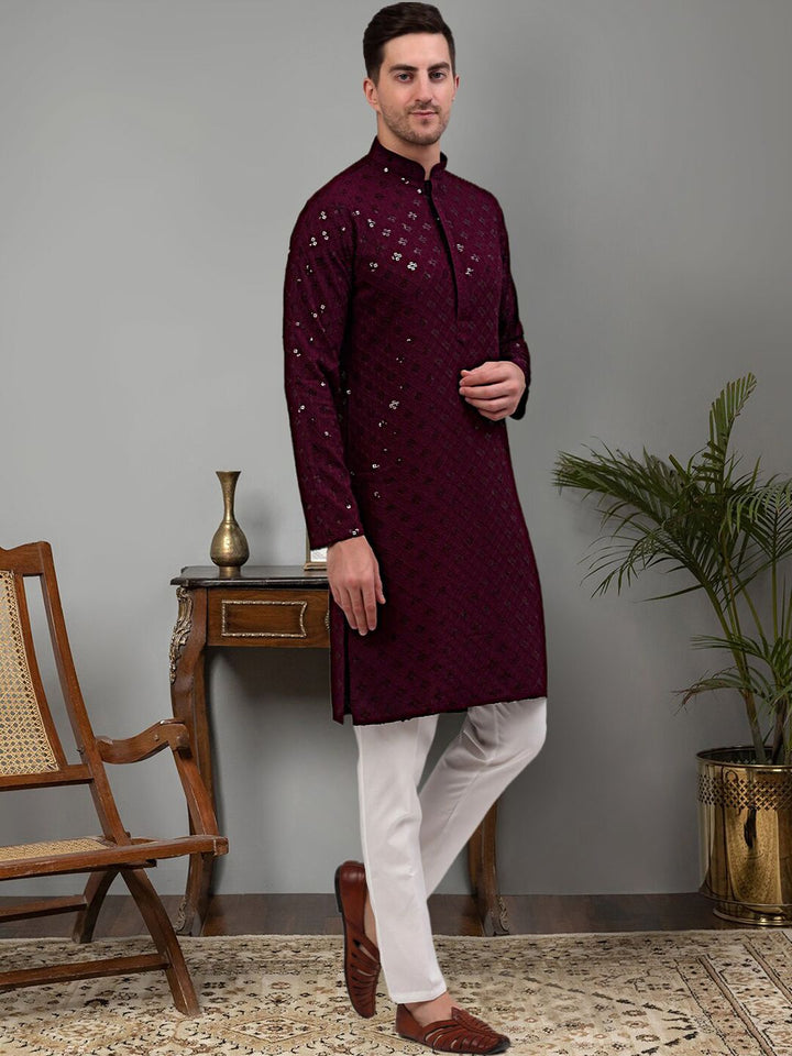Jompers Ethnic Motif Embroidered Mandarin Collar Sequinned Pure Cotton Kurta with Trousers