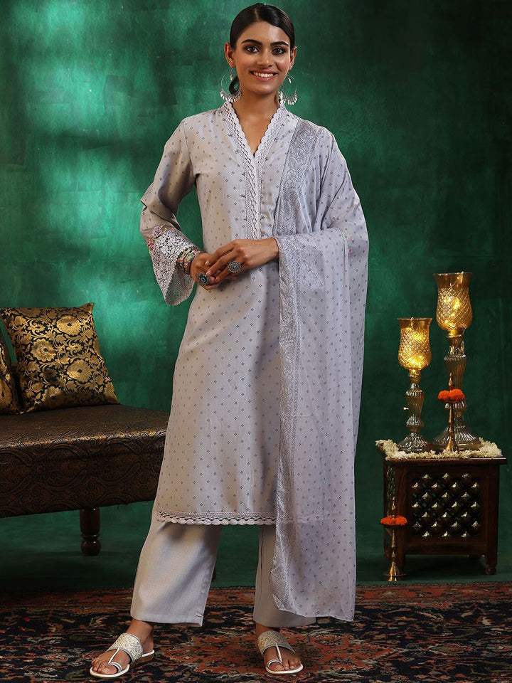 Libas Floral Printed Beads and Stones Straight Kurta with Trousers & With Dupatta