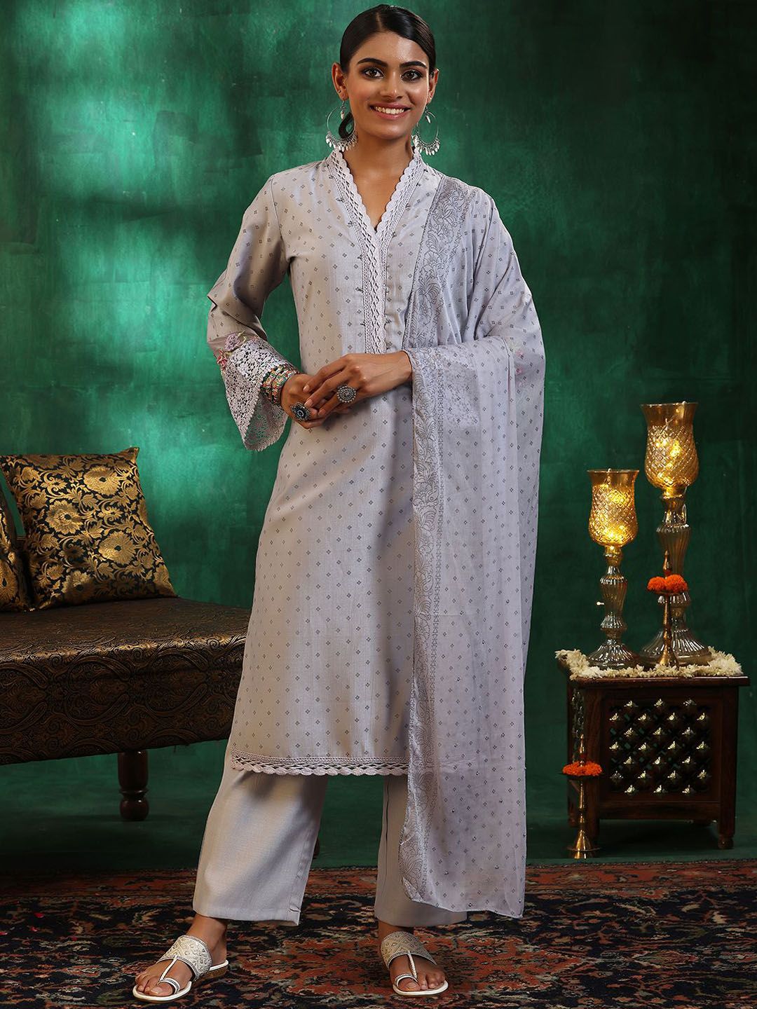 Libas Floral Printed Beads and Stones Straight Kurta with Trousers & With Dupatta