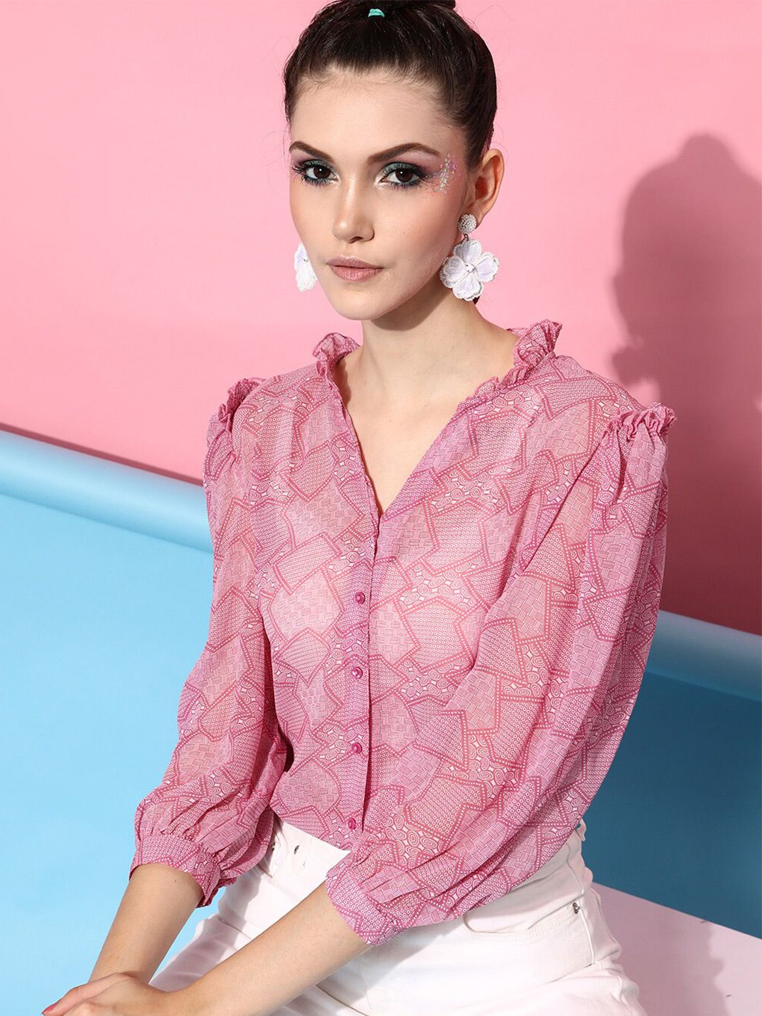 STREET 9 Women Pink Sheer Printed Casual Shirt