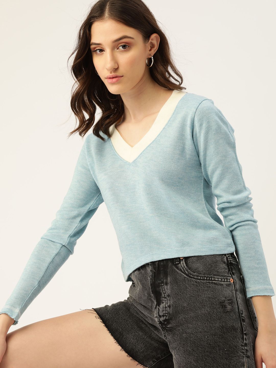 DressBerry Women Blue Melange Knitted Pullover