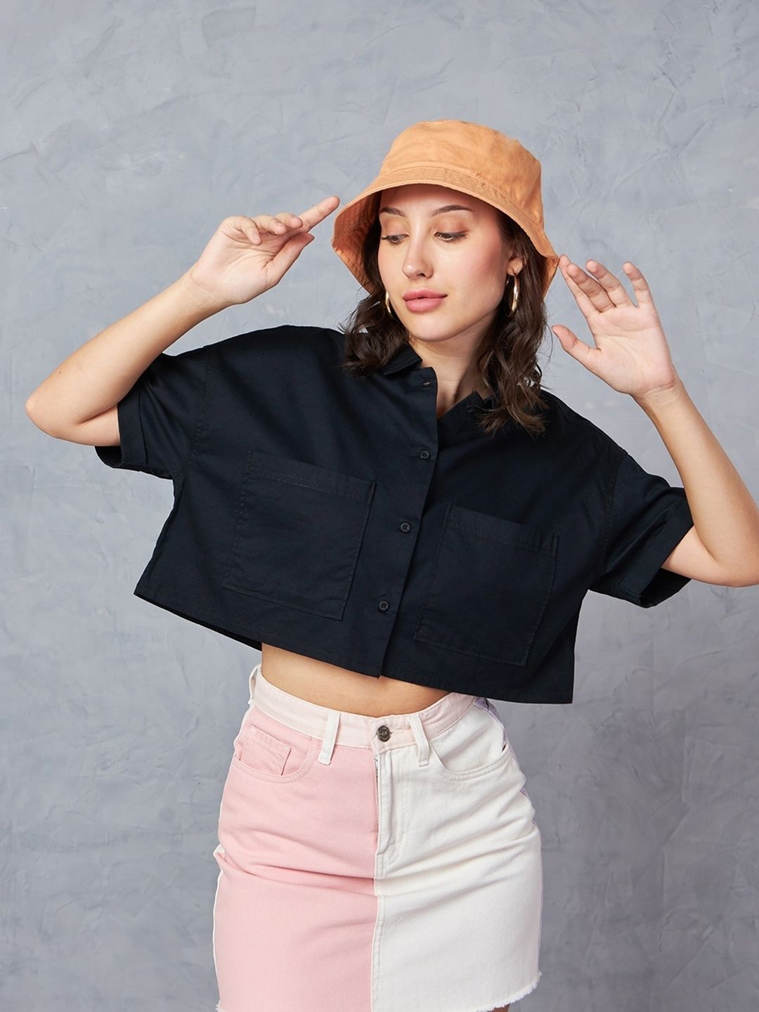 Bewakoof Black Drop-Shoulder Sleeves Cotton Oversized Crop Casual Shirt
