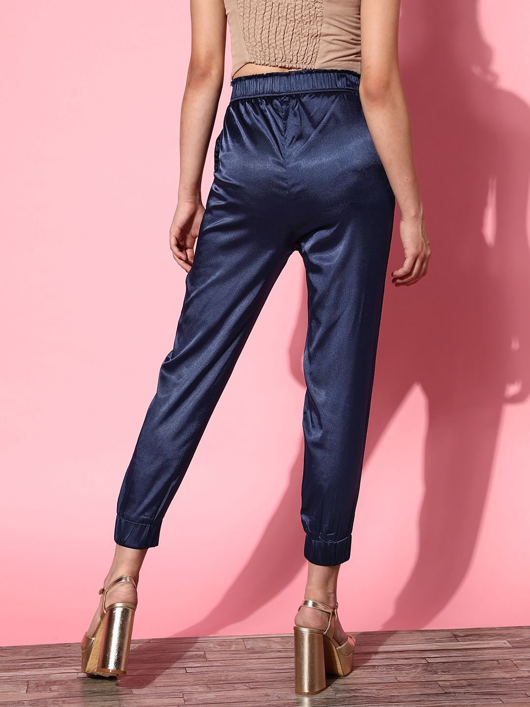 SASSAFRAS Women Attractive Navy Blue Solid Satin Trousers