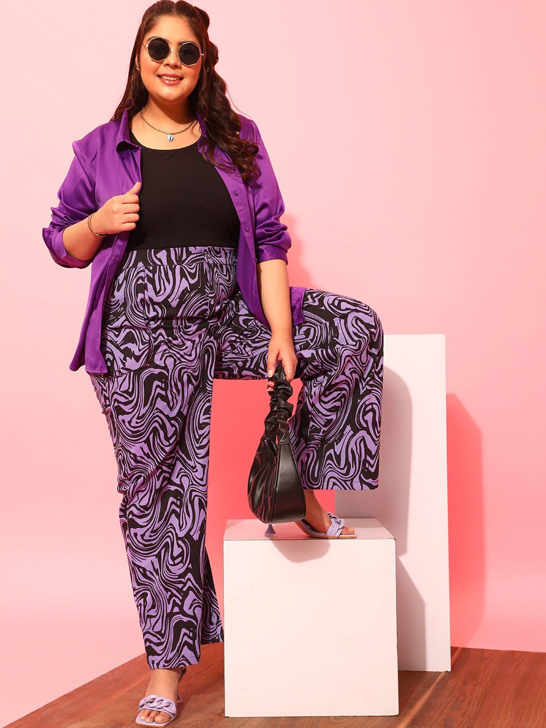 CURVY STREET Women Plus Size Lavender Printed Relaxed Straight Leg Pure Cotton Trousers
