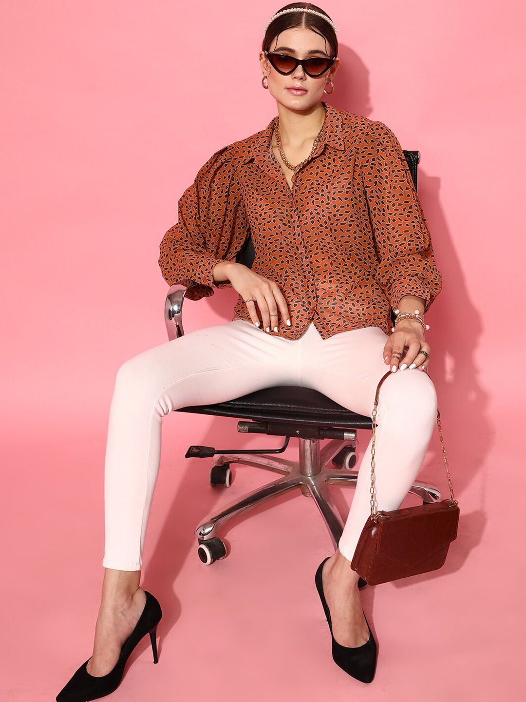 STREET 9 Women Rust Comfort Boxy Sheer Printed Casual Shirt