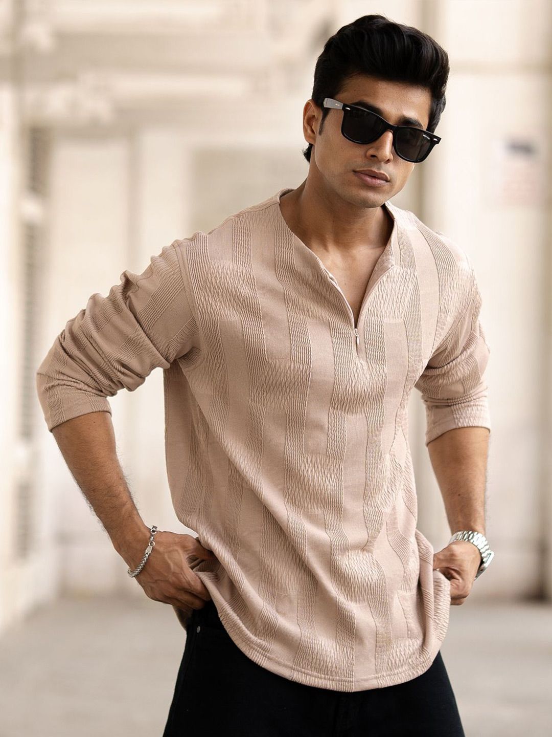 Powerlook Men Self Design V-Neck T-shirt