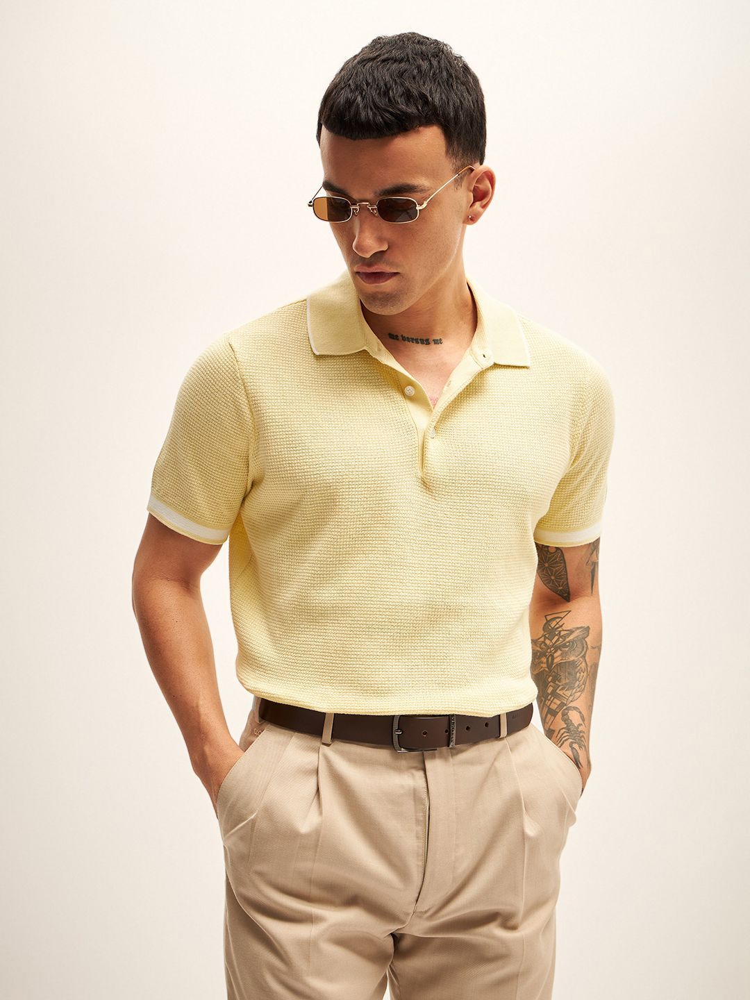 THE BEAR HOUSE Self Design Polo Collar T-Shirt