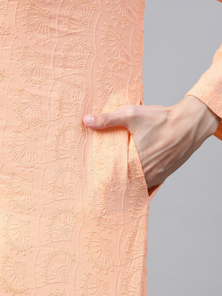 See Designs Men Peach-Colour Pure Cotton Chikankari Embroidered Straight Kurta
