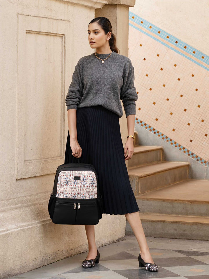 ZOUK Agra Floral Printed Vegan Leather Backpack With Compression Straps-Up to 16 inch