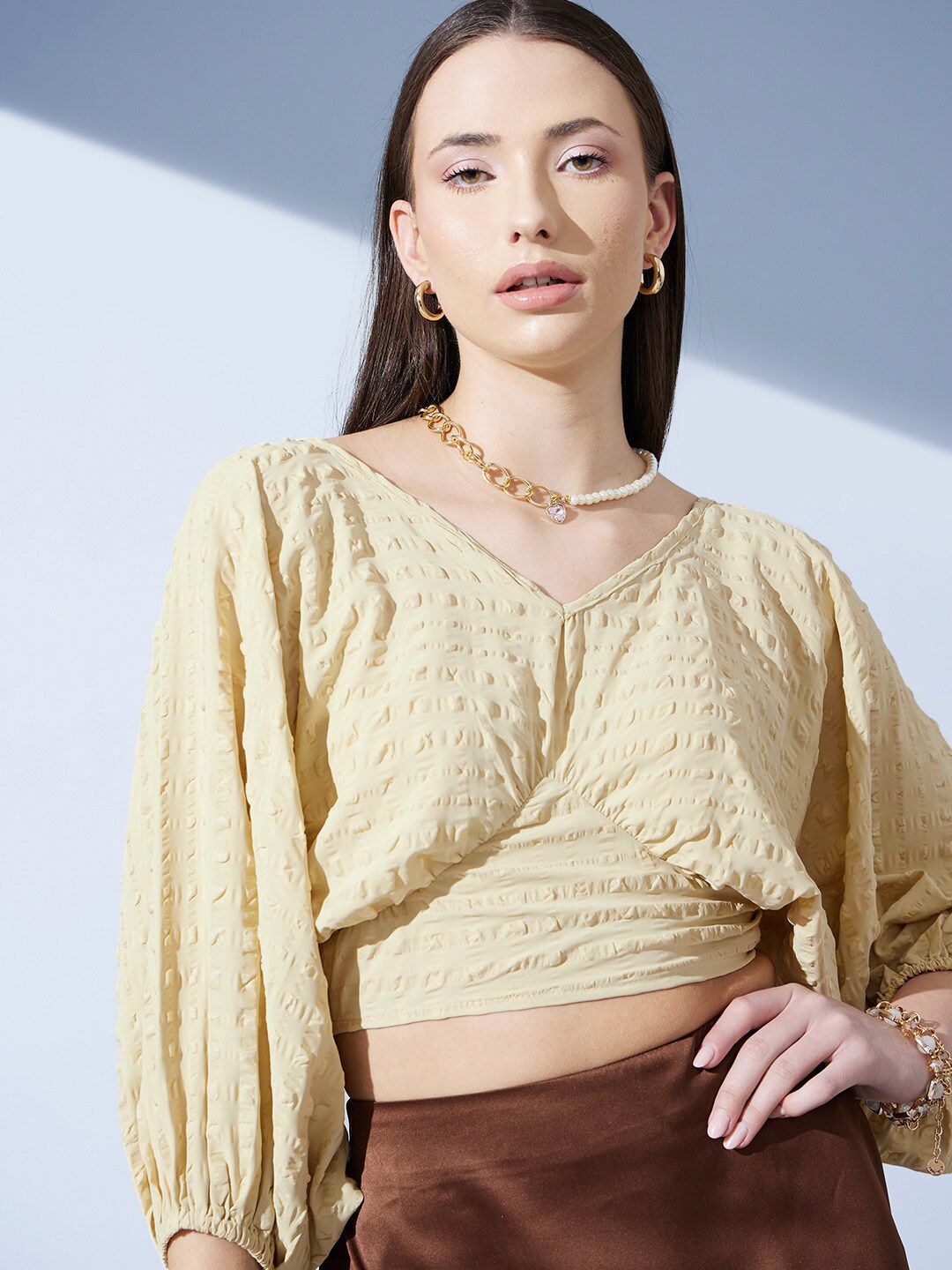 STREET 9 Self Design Puffed Sleeves Jacquard Crop Empire Top