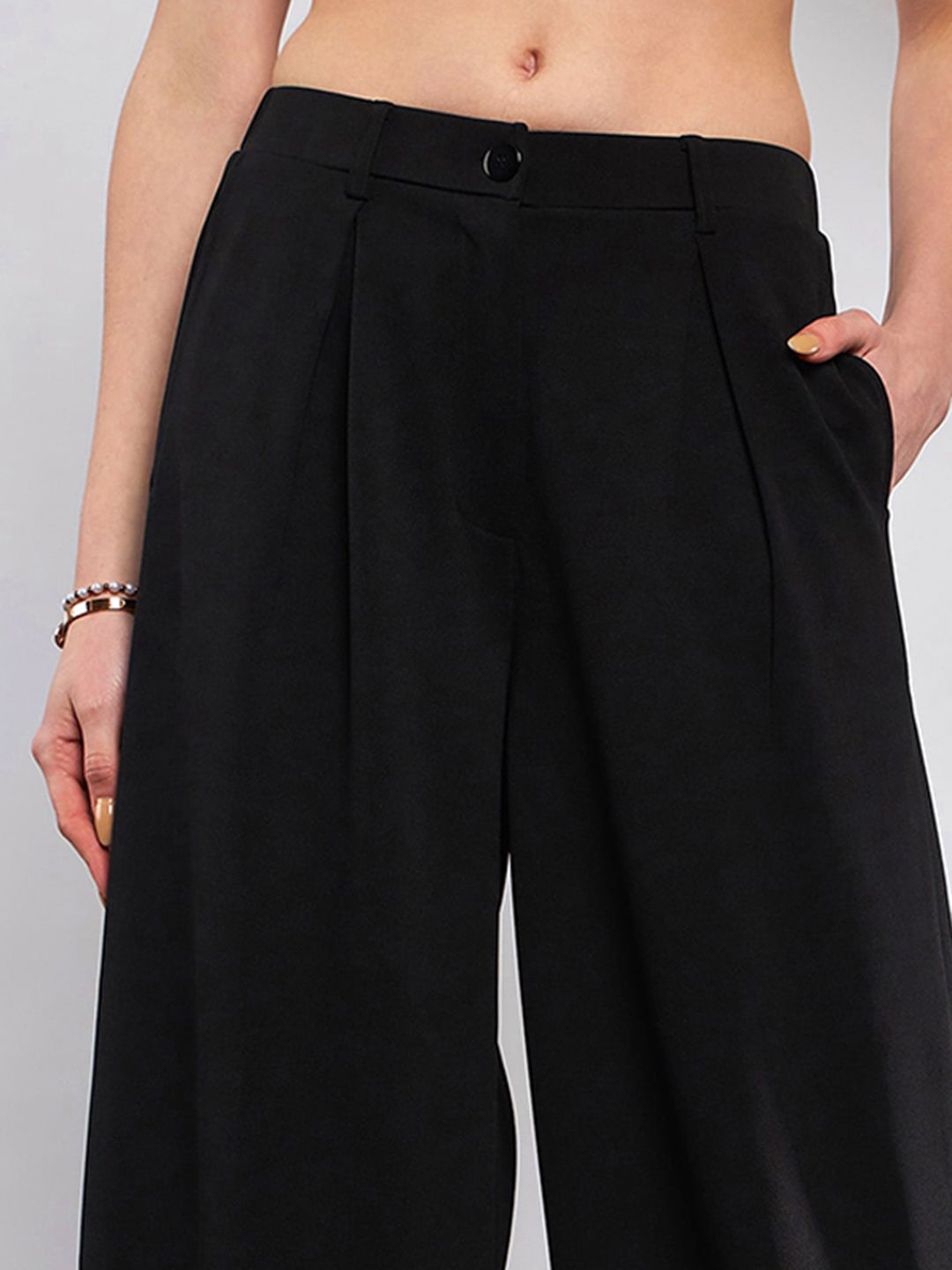 SASSAFRAS Women Black Flared High-Rise Pleated Parallel Trousers