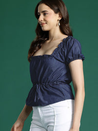 DressBerry Puff Sleeve Chambray Cinched Waist Top