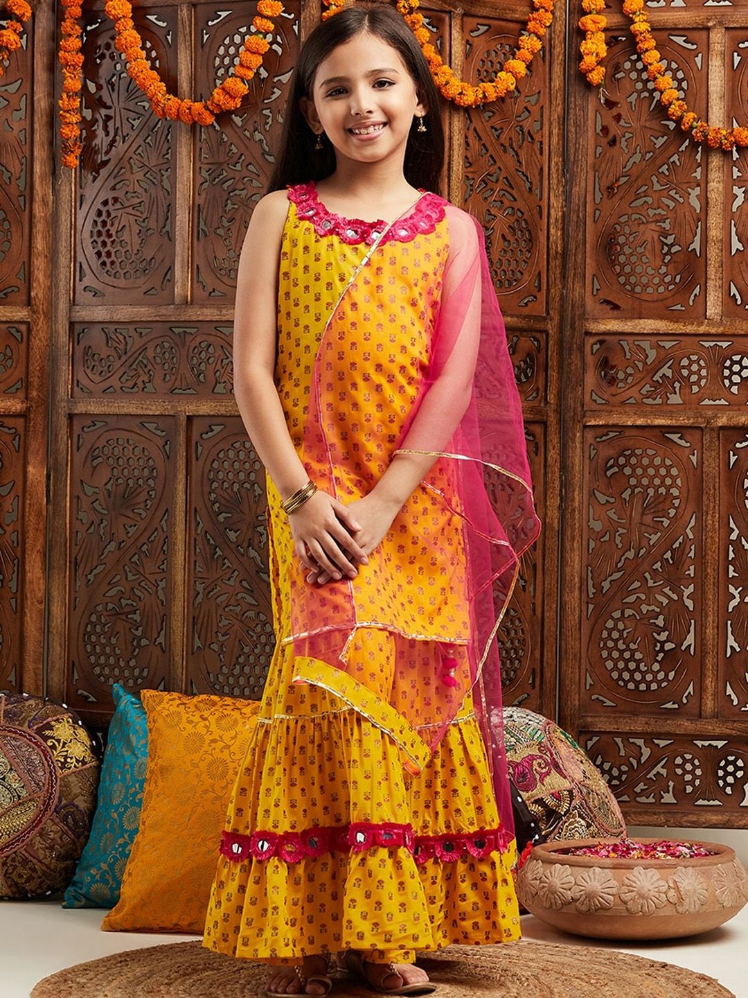 pspeaches Girls Ethnic Motifs Printed Regular Mirror Work Kurta With Sharara & Dupatta