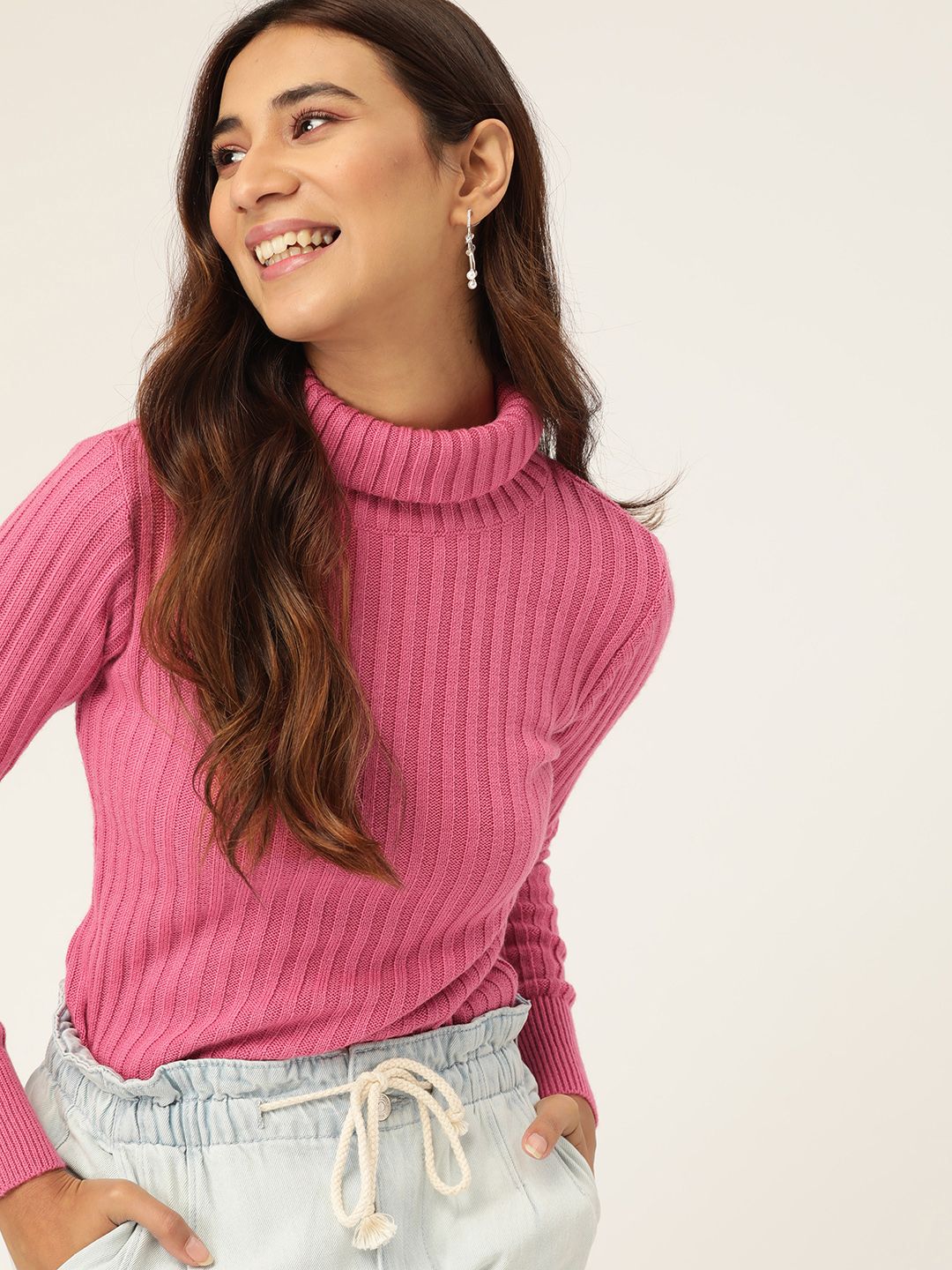 DressBerry Women Pink Self-Striped Pullover Sweater