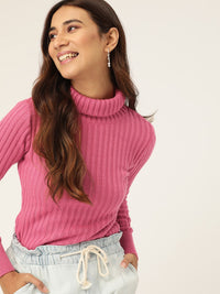 DressBerry Women Pink Self-Striped Pullover Sweater