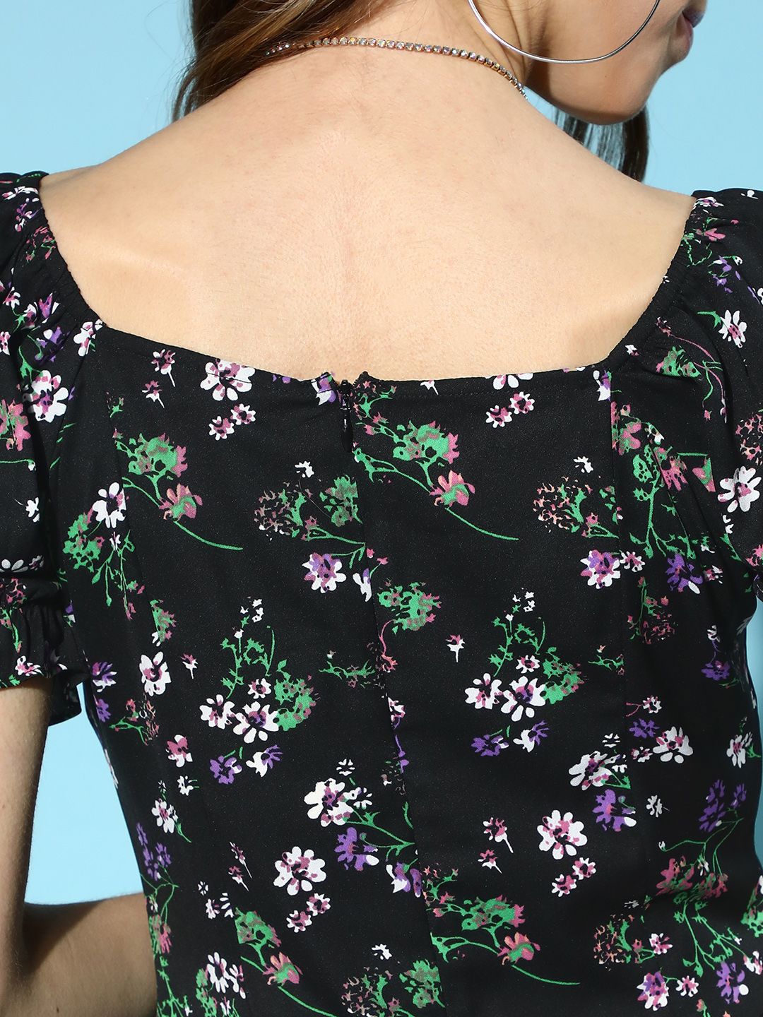 Berrylush Women Stylish Black Floral Tiered Dress