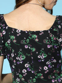 Berrylush Women Stylish Black Floral Tiered Dress