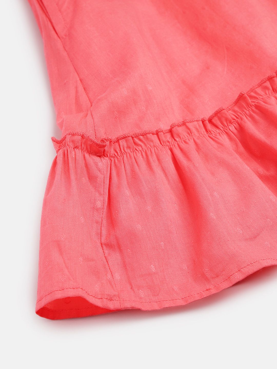 Global Desi Girls Coral Pink Self Design Tie-Up Neck Flared Sleeves Cotton A-Line Dress