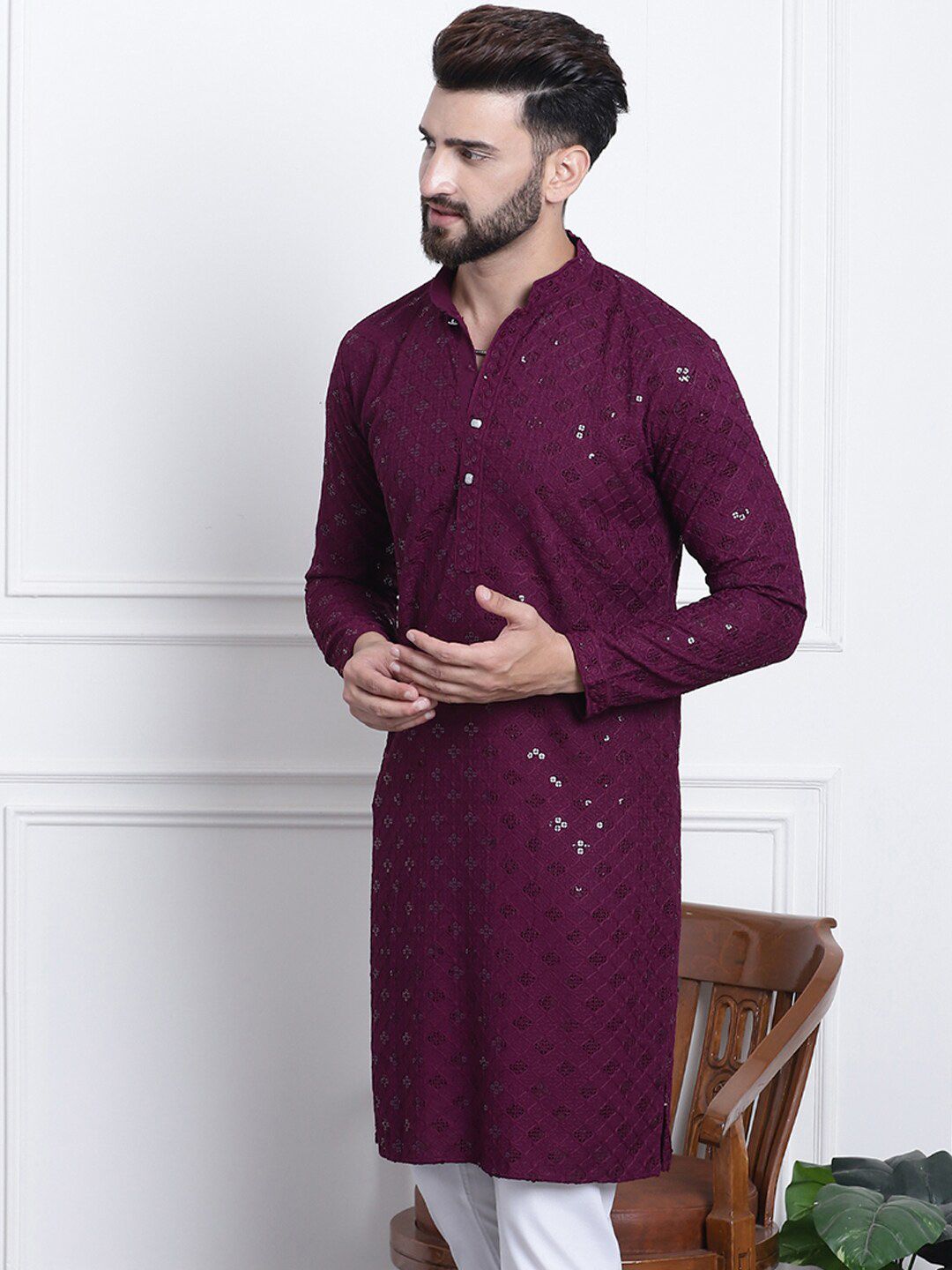 SOJANYA Embellished Mandarin Collar Pure Cotton Kurta