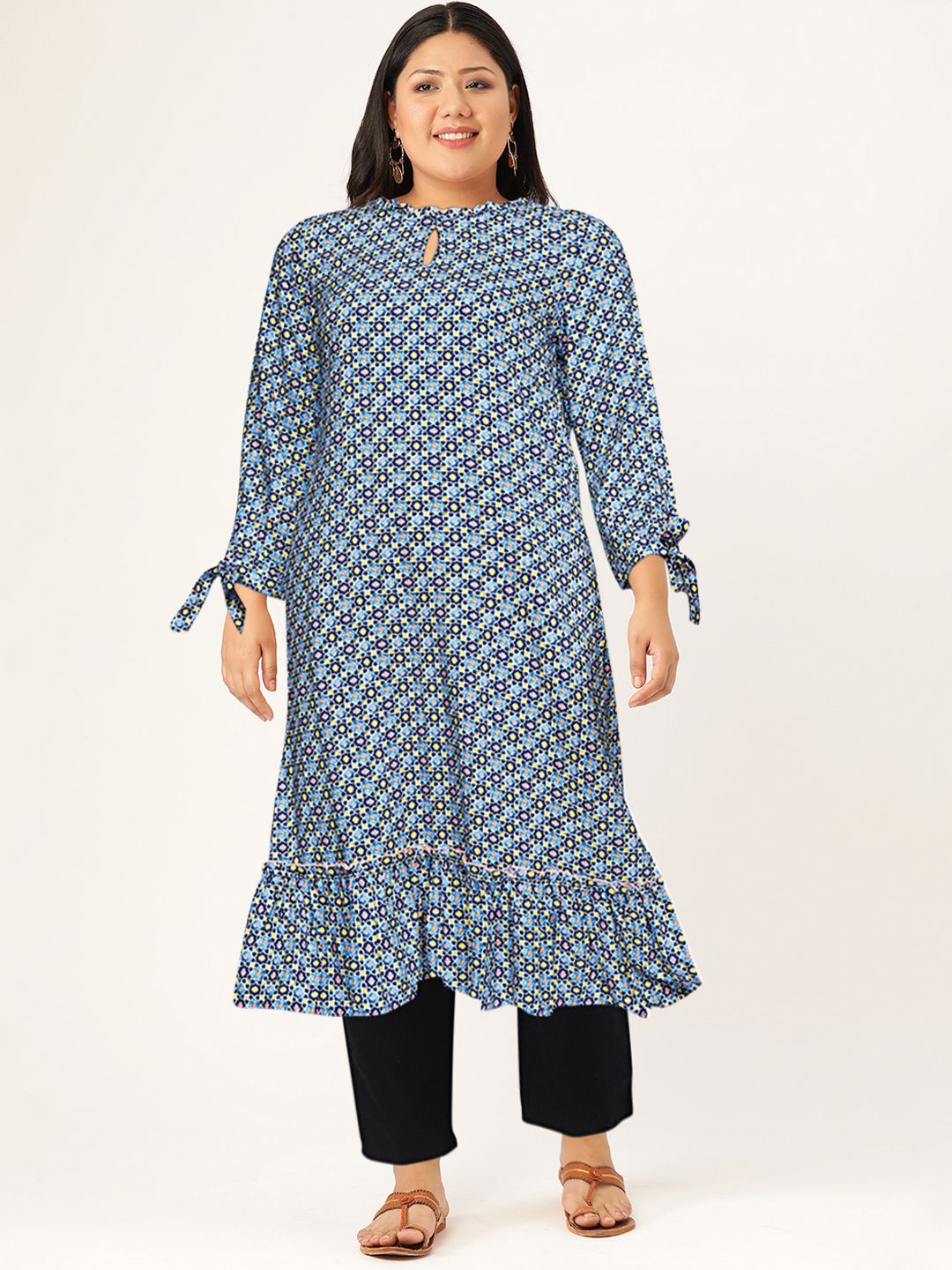 Global Desi Women Blue & Yellow Printed Keyhole Neck Kurta