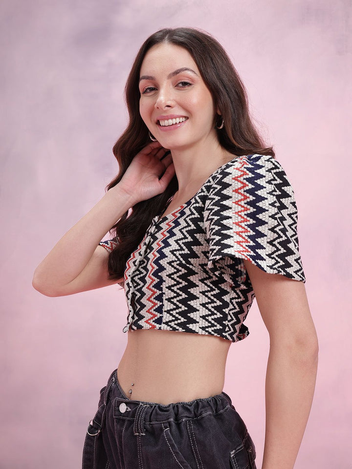 DressBerry Geometric Design Flared Sleeve Crochet Top
