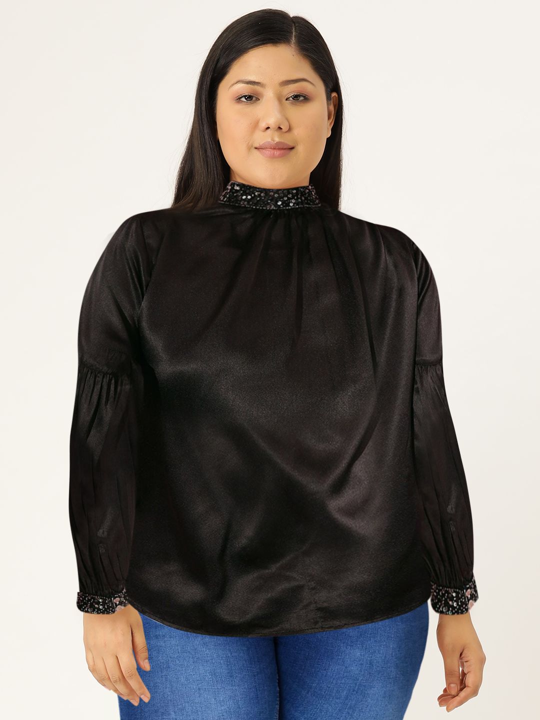 STREET 9 Women Black Jewel Neck Cuffed Sleeves Top