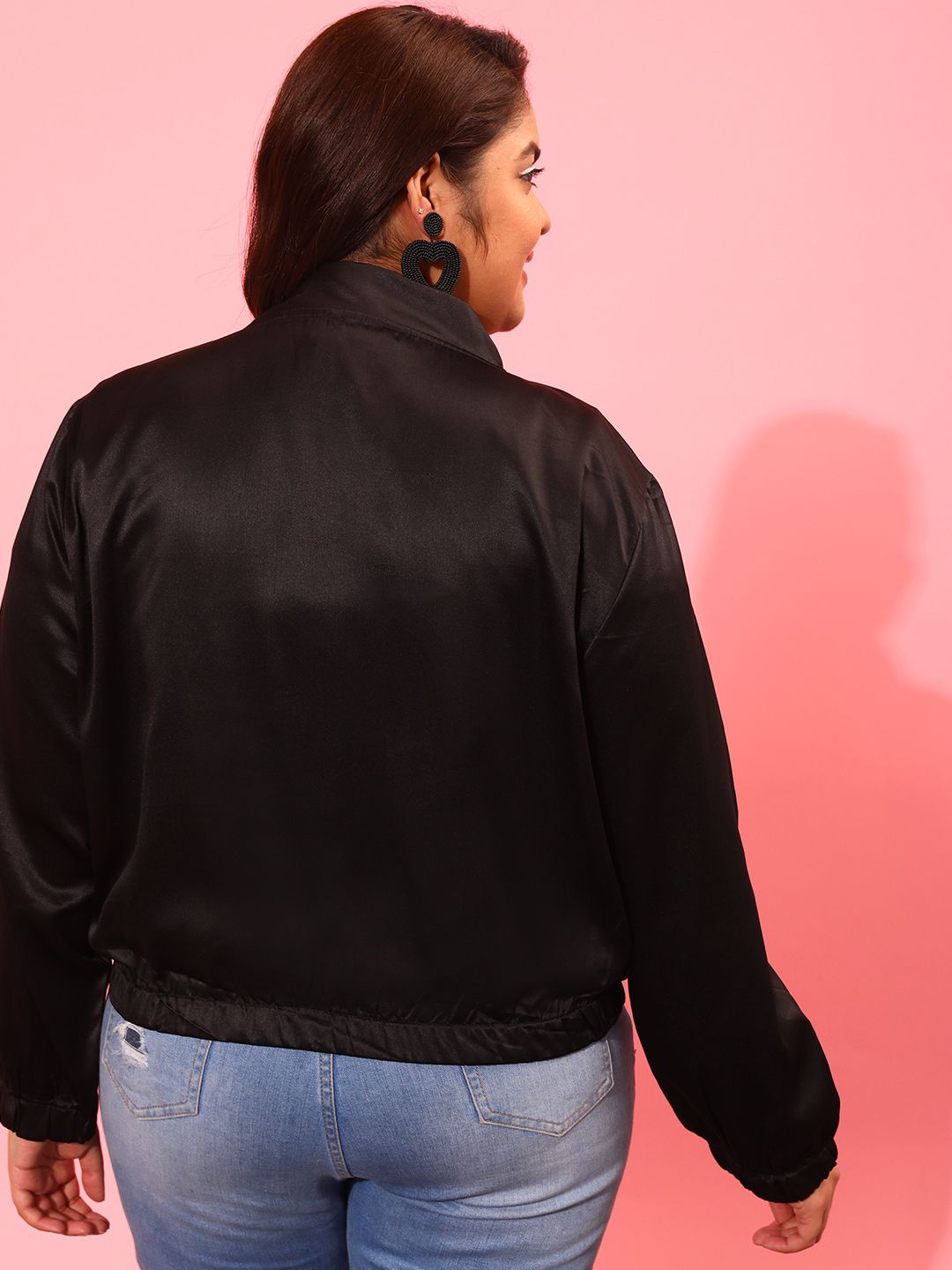 CURVY STREET Women Black Crop Bomber Jacket