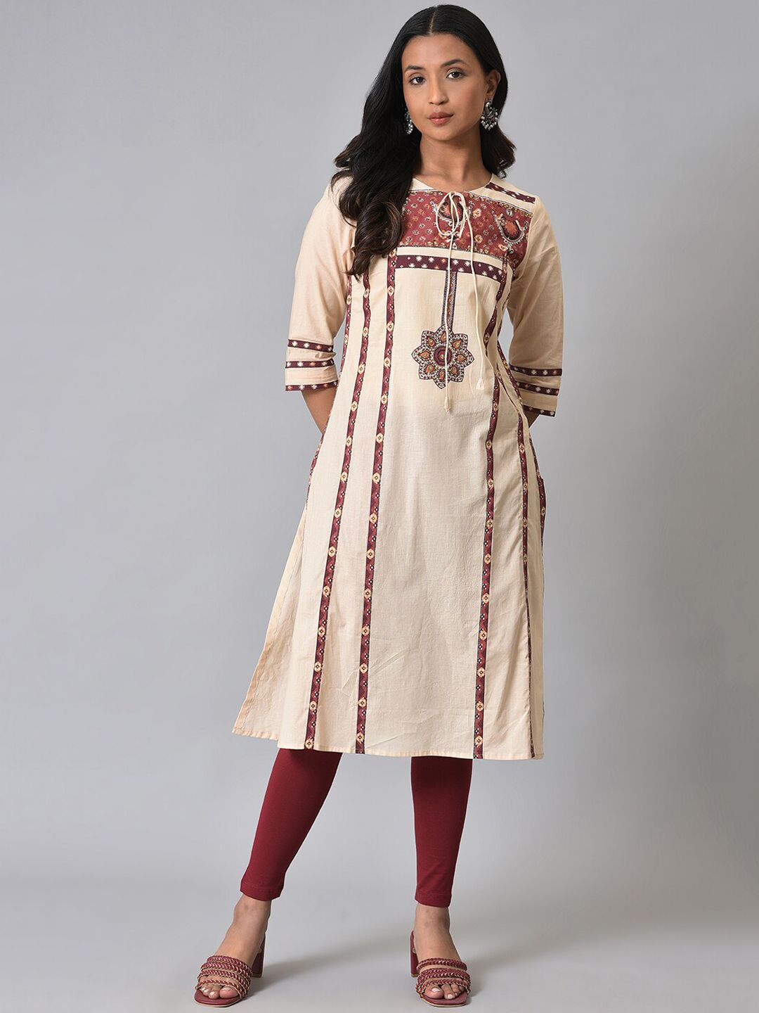 W Ethnic Motif Printed Tie Up Neck Pure Cotton A-Line Kurta