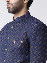 KISAH Men Navy Blue & Cream-Coloured Abstract Printed Indowestern Sherwani Set