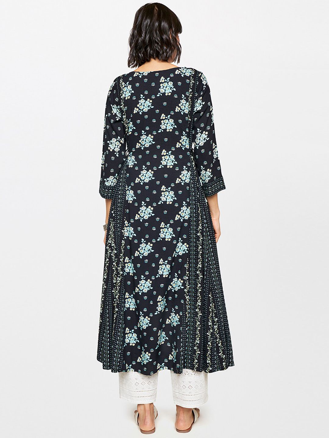 Global Desi Floral Printed Mirror Work A-Line Kurta