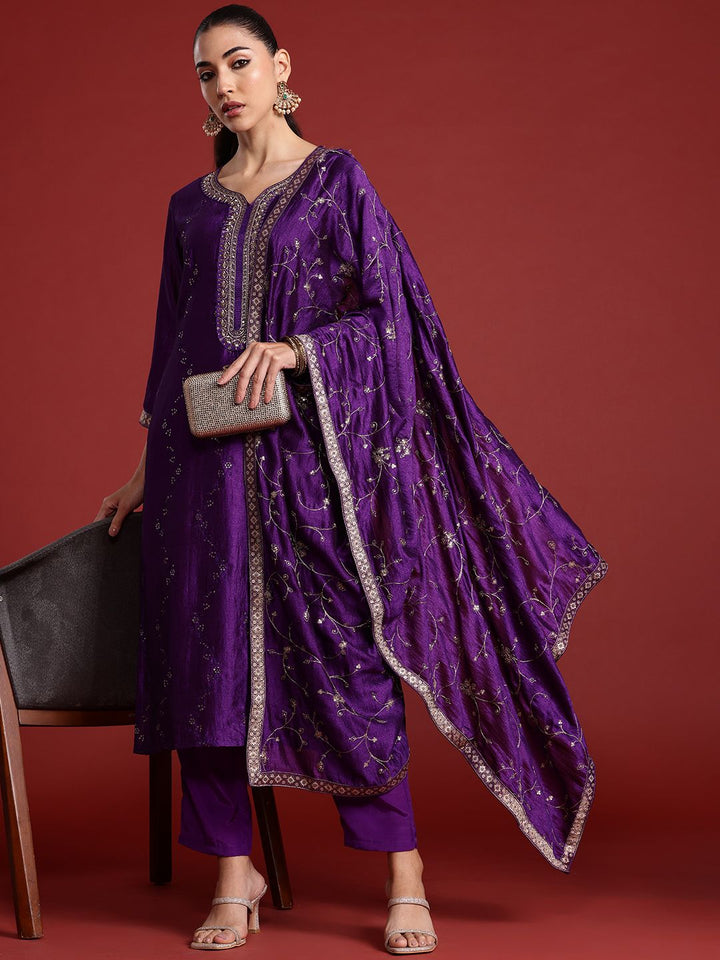 Indo Era Floral Embroidered Sequinned Kurta With Trousers & Dupatta