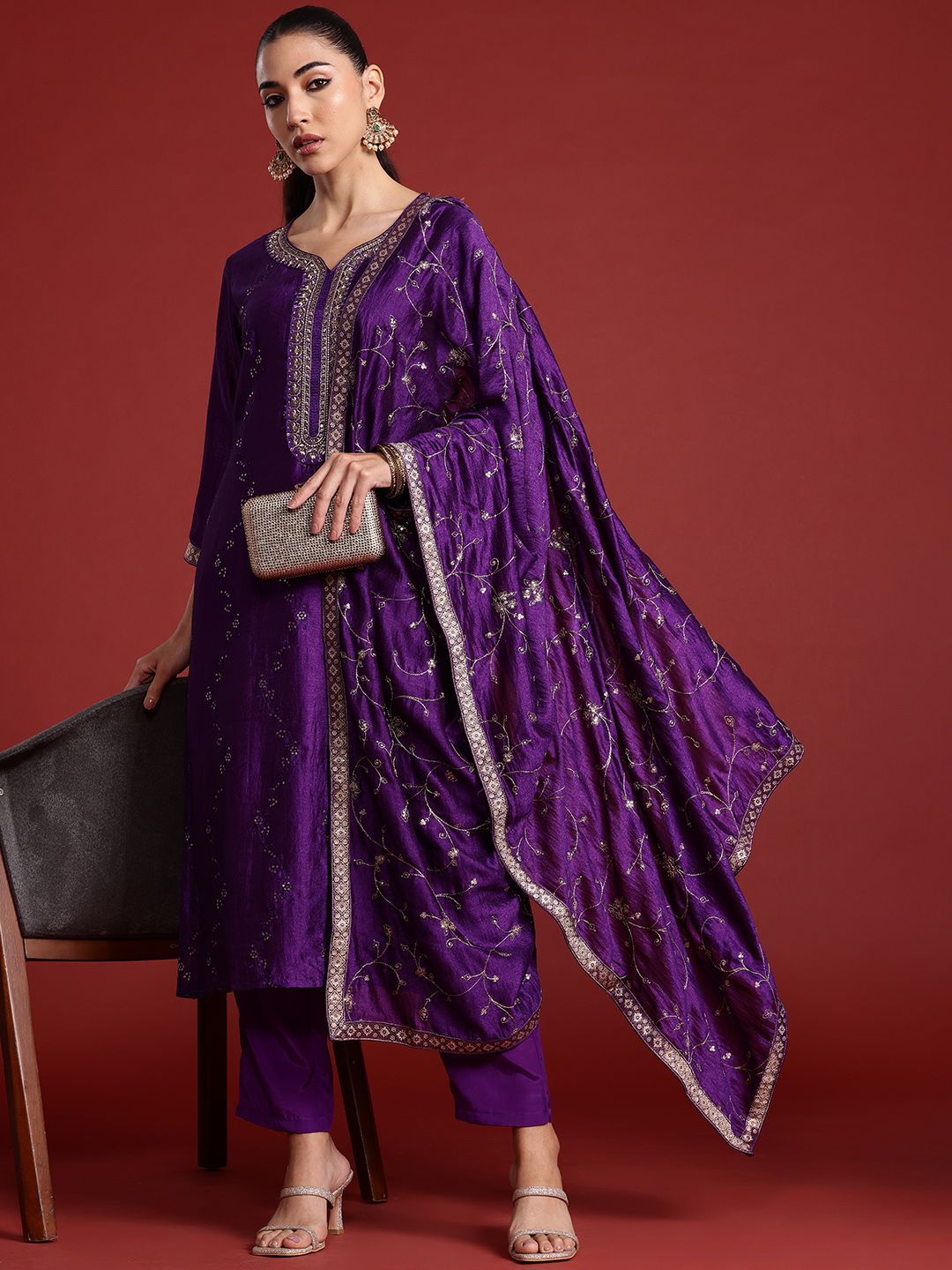 Indo Era Floral Embroidered Sequinned Kurta With Trousers & Dupatta