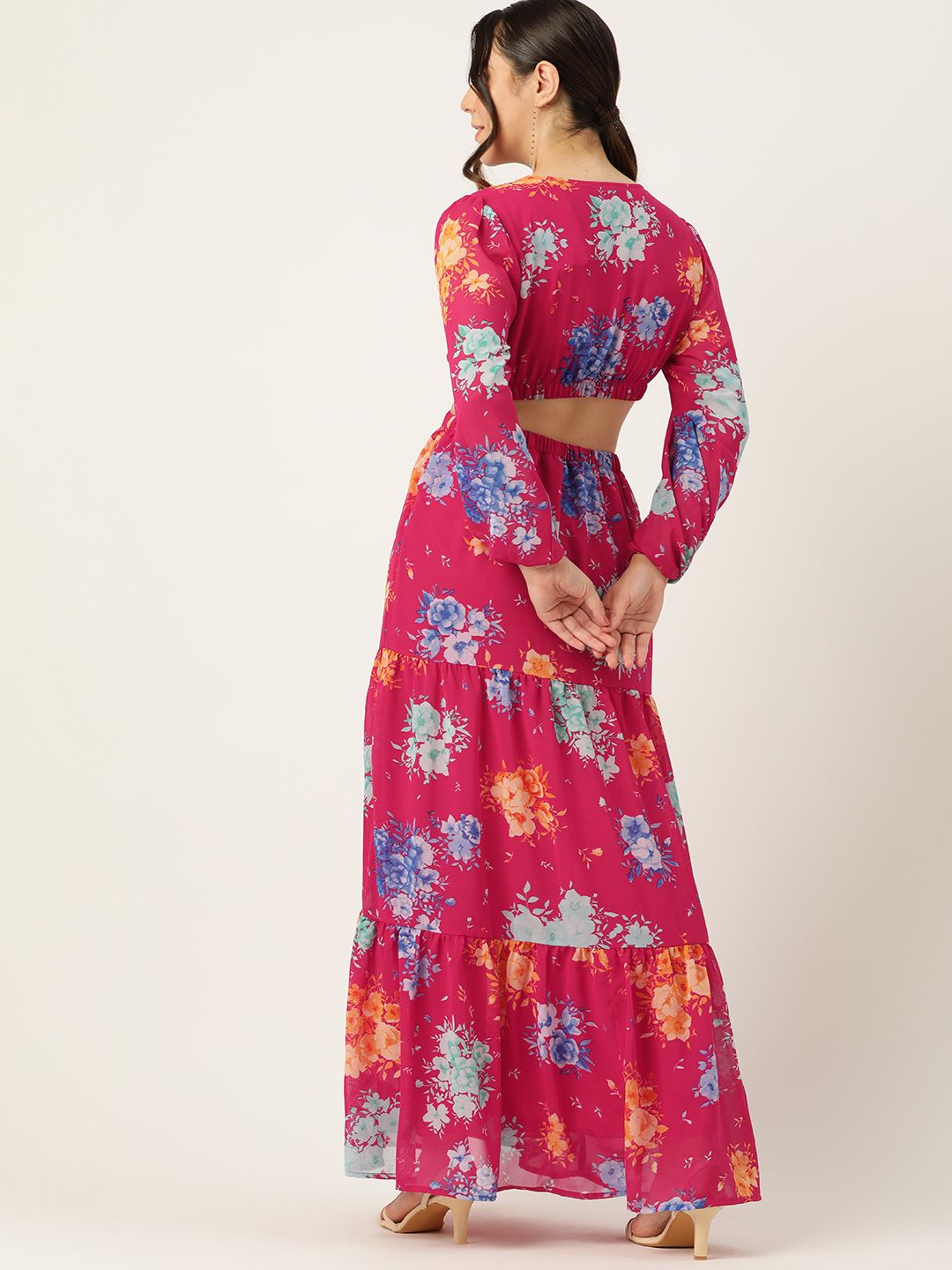 DressBerry Floral Print Cut-Outs Tiered Maxi Dress