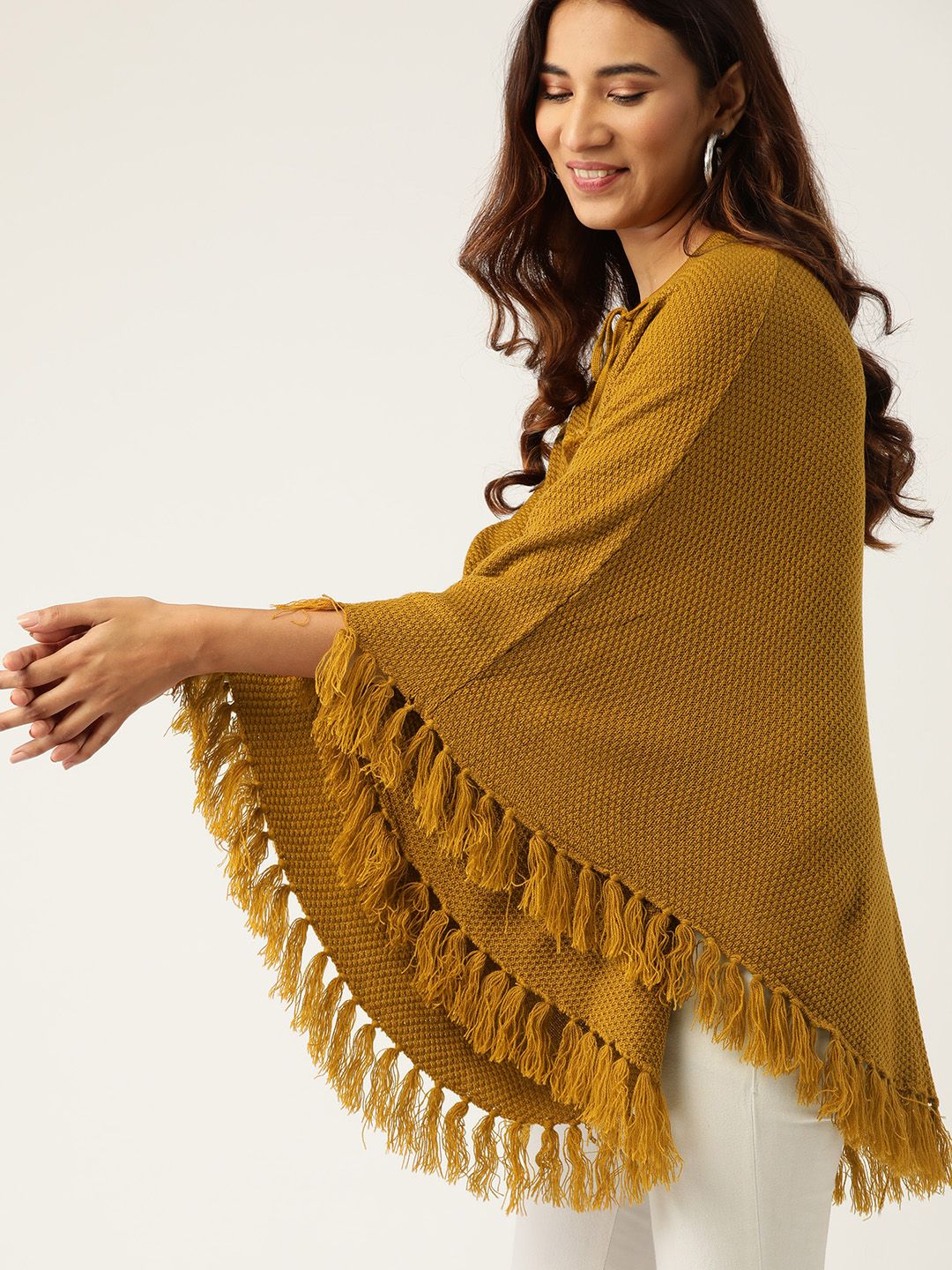 DressBerry Women Mustard Brown Self Design Poncho