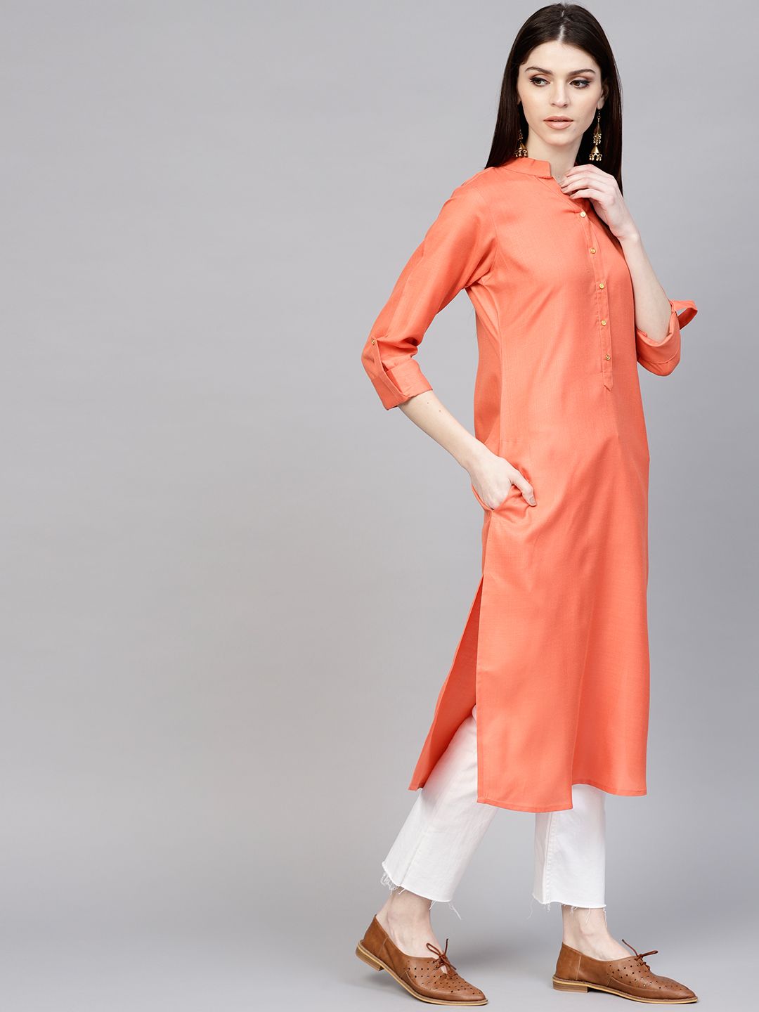 Libas Women Coral Orange Solid Straight Kurta