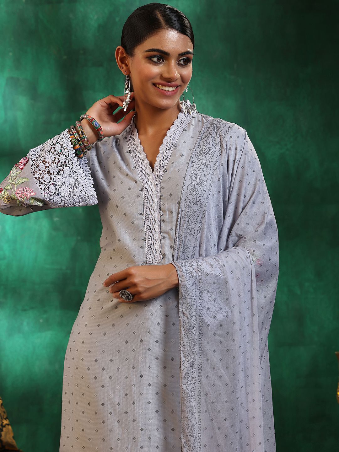 Libas Floral Printed Beads and Stones Straight Kurta with Trousers & With Dupatta