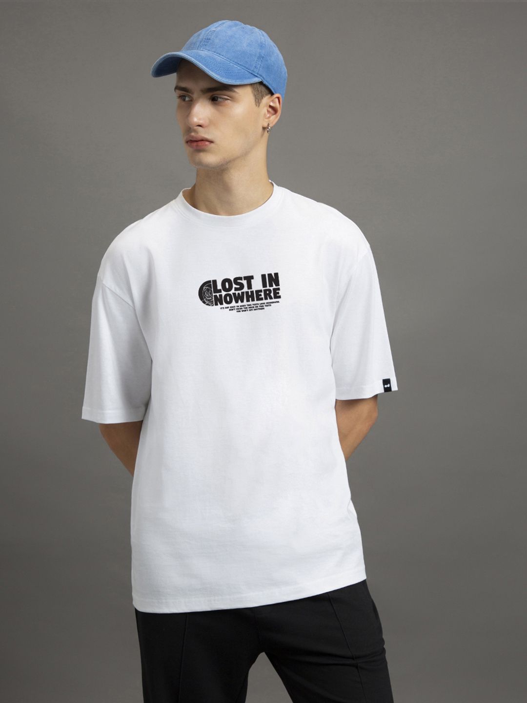 Bewakoof Lost in Nowhere Graphic Printed Drop-Shoulder Oversized Pure Cotton T-shirt