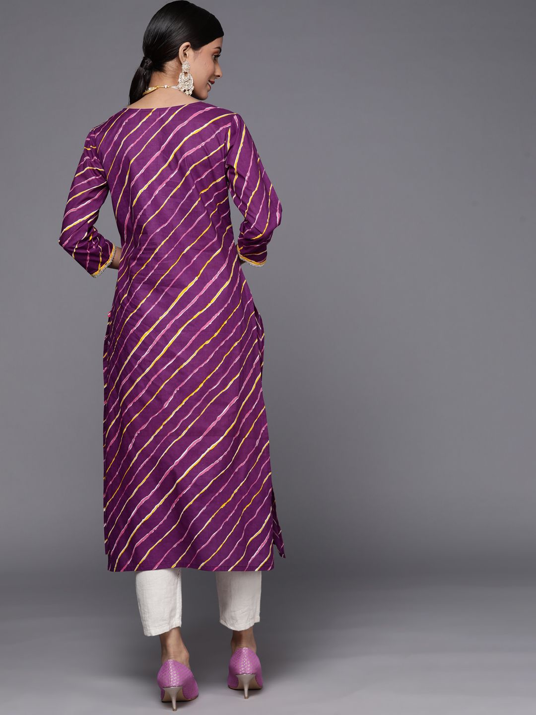 Varanga Women Purple & Yellow Leheriya Printed Gotta Patti Kurta