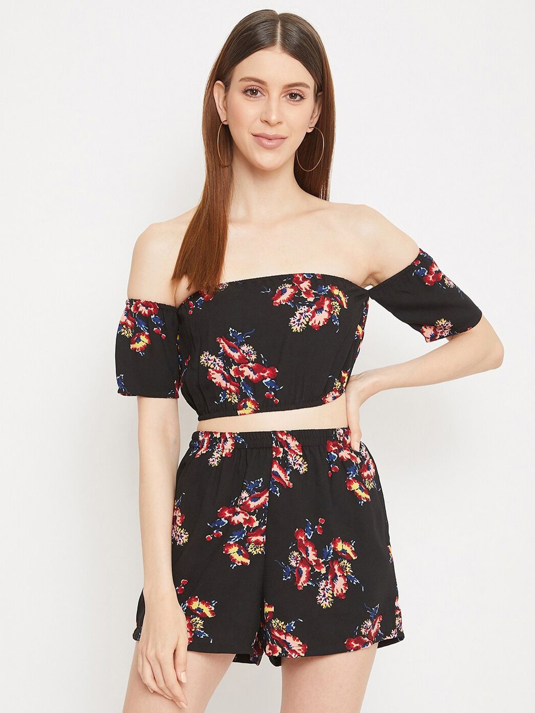 Berrylush Women Black & Red Printed Two-Piece