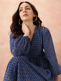 all about you Geometric Print Puff Sleeve Fit & Flare Midi Dress