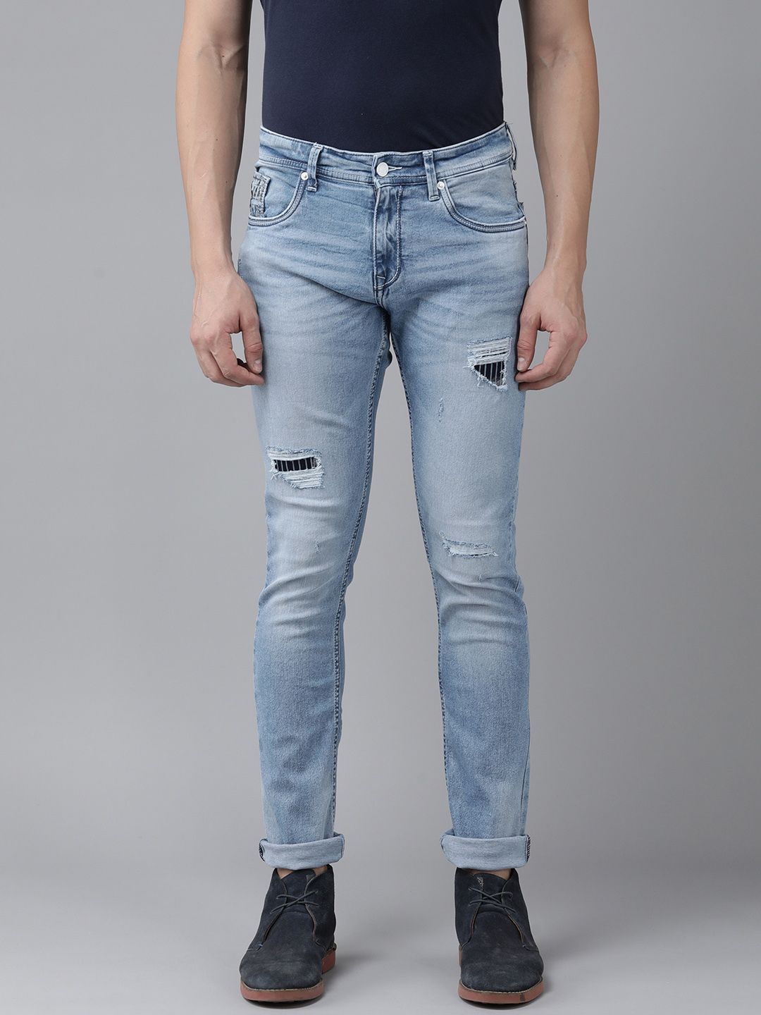 SPYKAR Men Skinny Fit Low-Rise Mildly Distressed Light Fade Stretchable Jeans