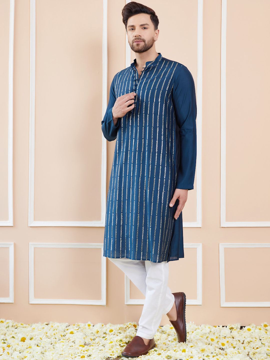 See Designs Striped Mandarin Collar Chanderi A-Line Kurta