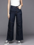 SASSAFRAS Women Navy Blue Straight Fit Contrast Stitch Detail High-Rise Stretchable Jeans