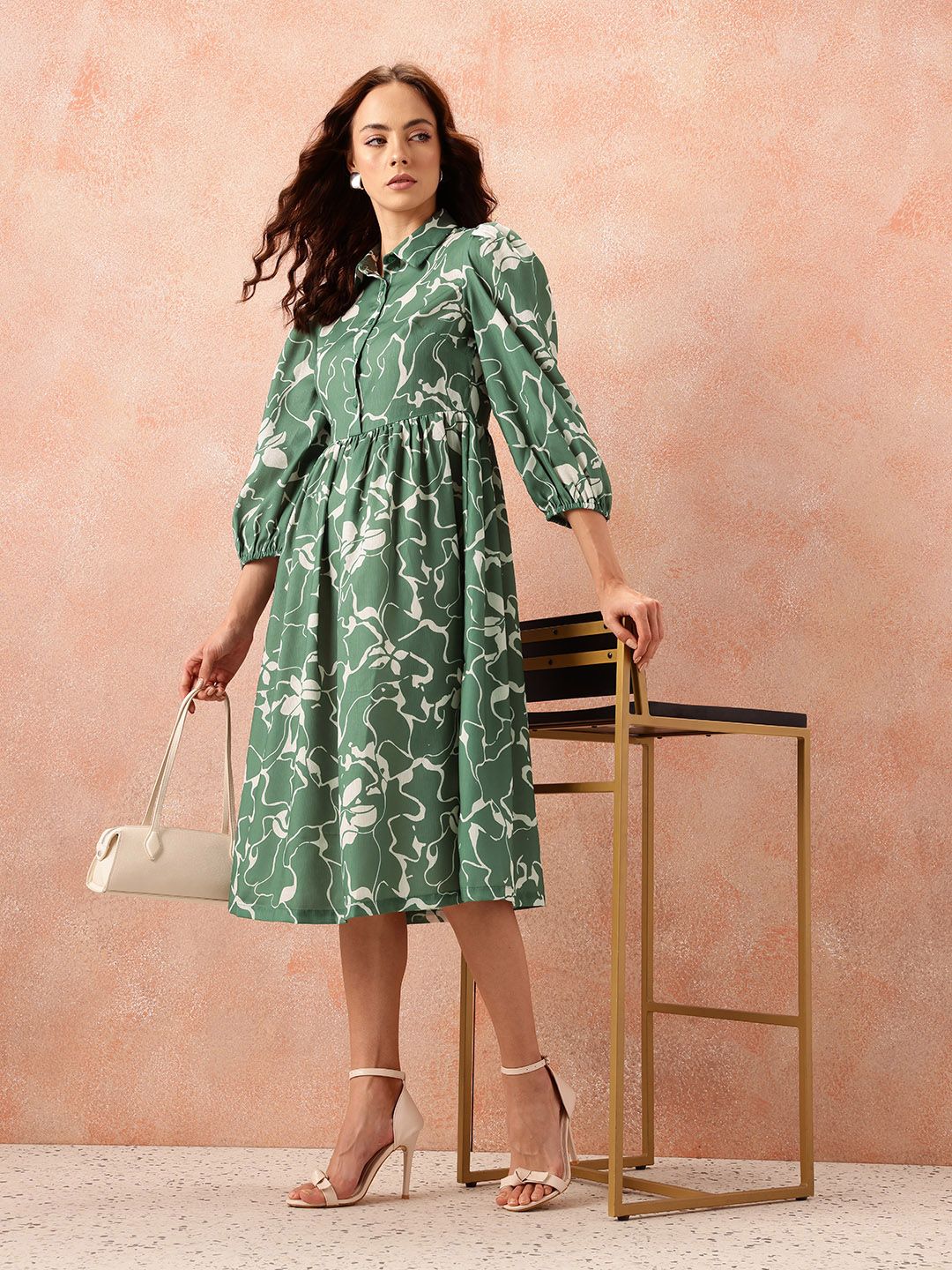 all about you Floral Print Puff Sleeve Shirt Style Formal Dress