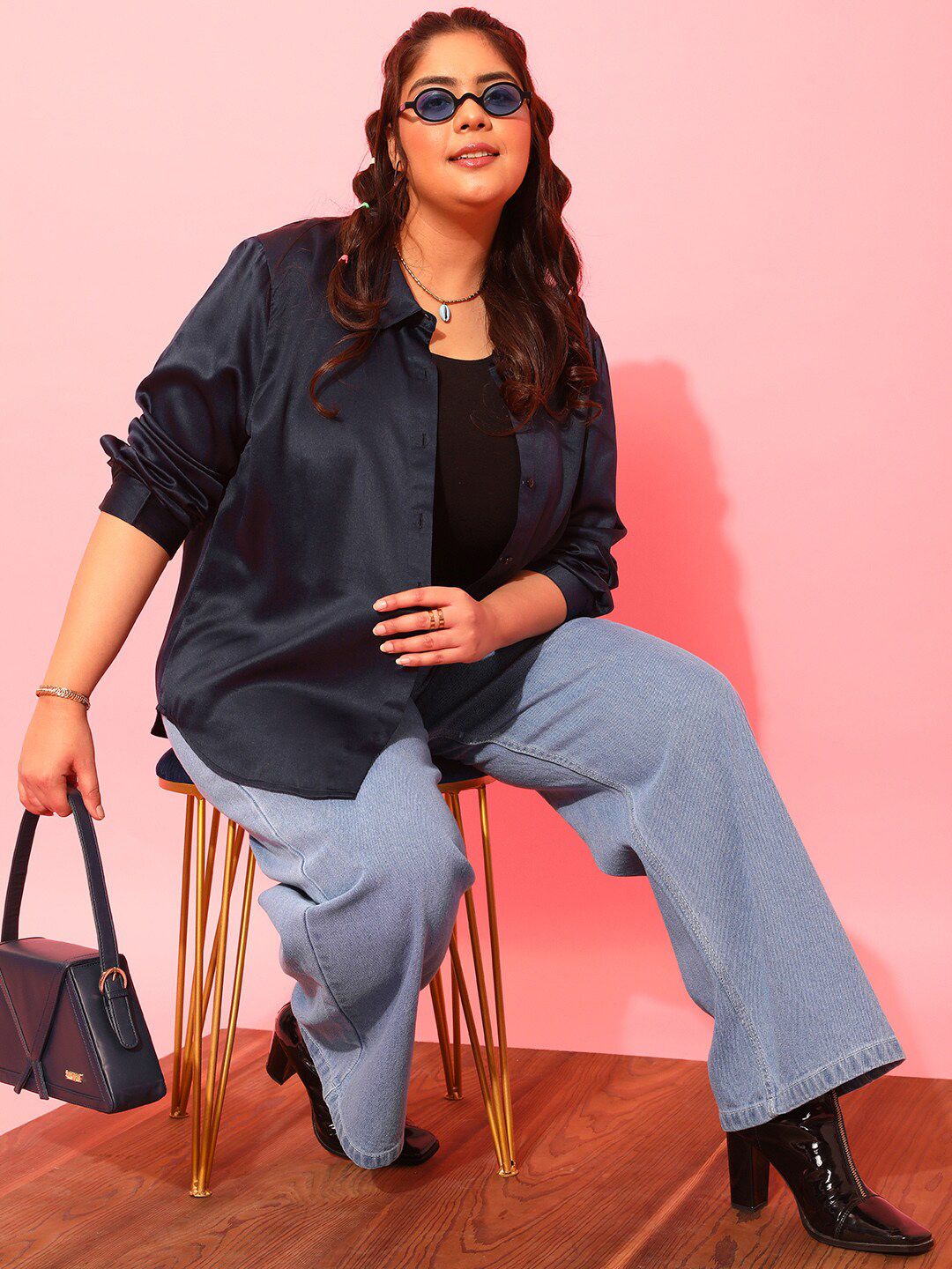 CURVY STREET Navy Blue Classic Opaque Casual Shirt