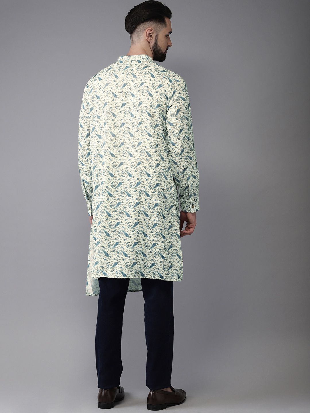 Anouk Men Sea Green & Blue Printed Fusion Straight Kurta